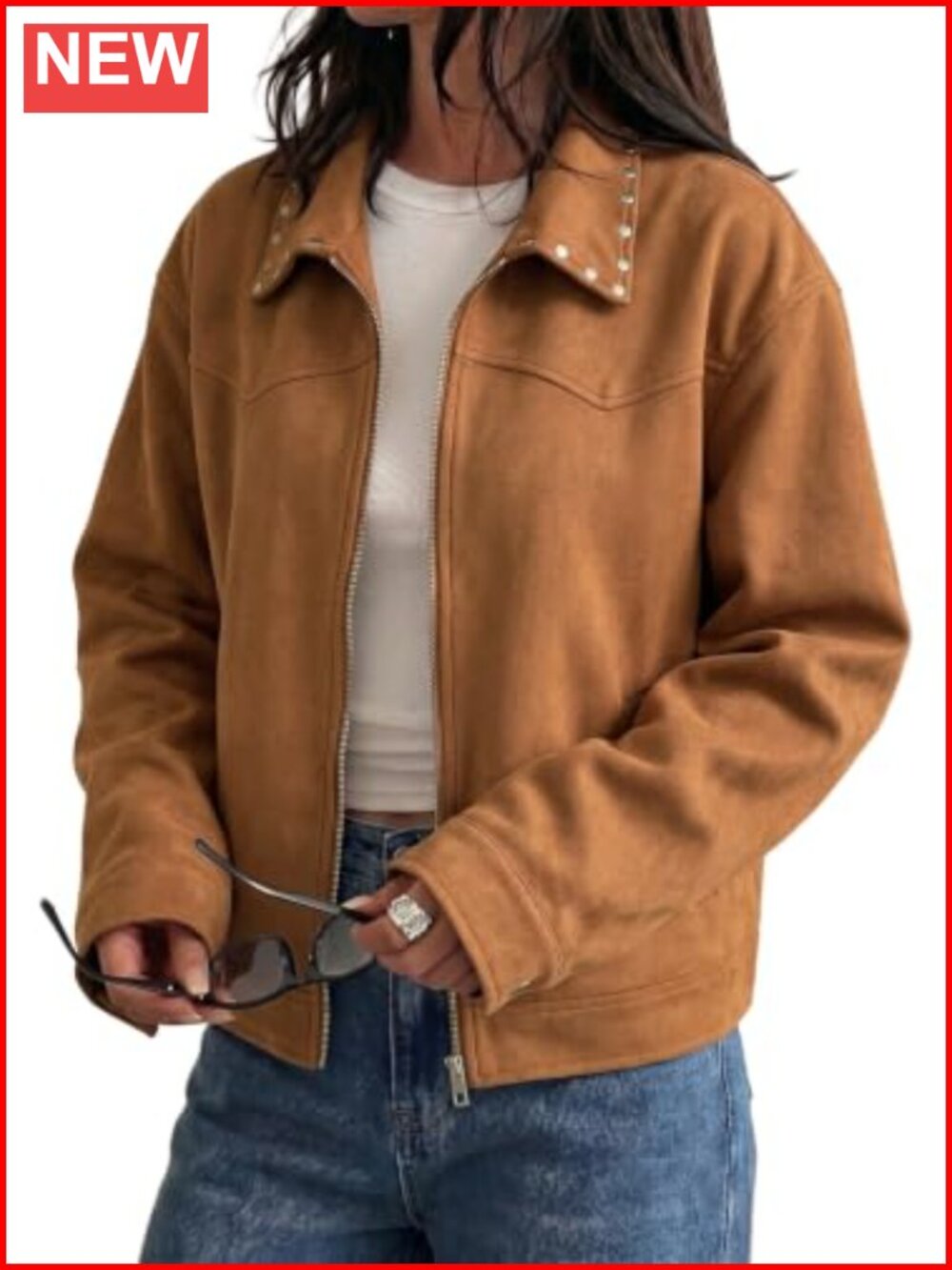 Studded Faux Suede Cropped Jacket Long Sleeve Zip Up